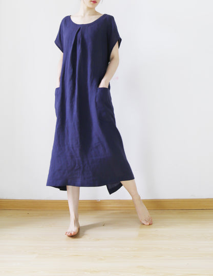 edoa Plus Size Navy Blue Washed Linen Dress 
