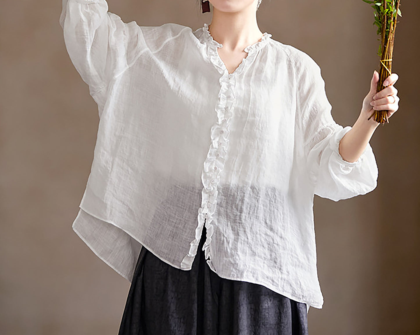 edoa Oversized High Count Hemp Ruffle Blouse