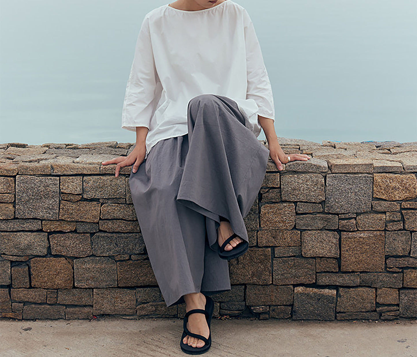 edoa Gray Loose Fitting High Densit Japanese Sun-dried Cotton Wide Leg Pants