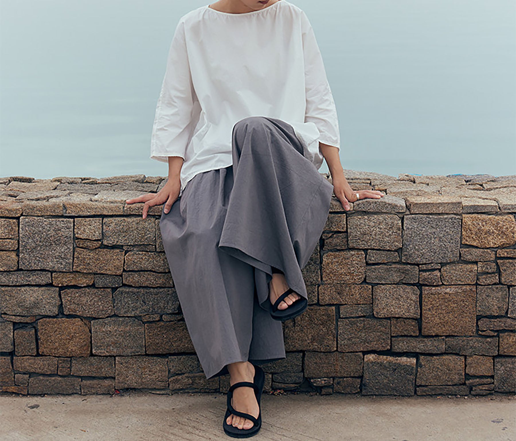 edoa Gray Loose Fitting High Densit Japanese Sun-dried Cotton Wide Leg Pants