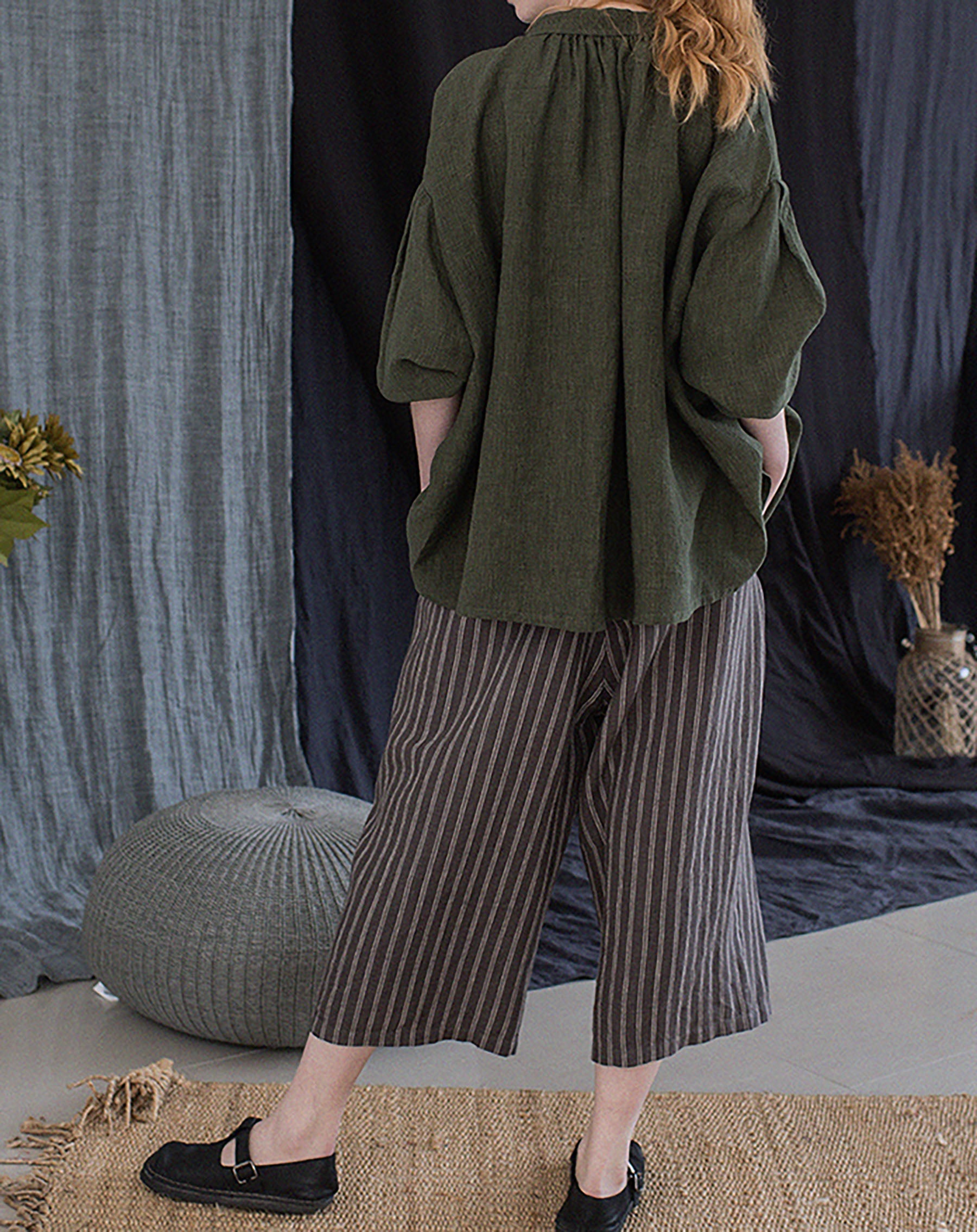 edoa Forest Green Linen Peter Pan Collar Babydoll Shirt