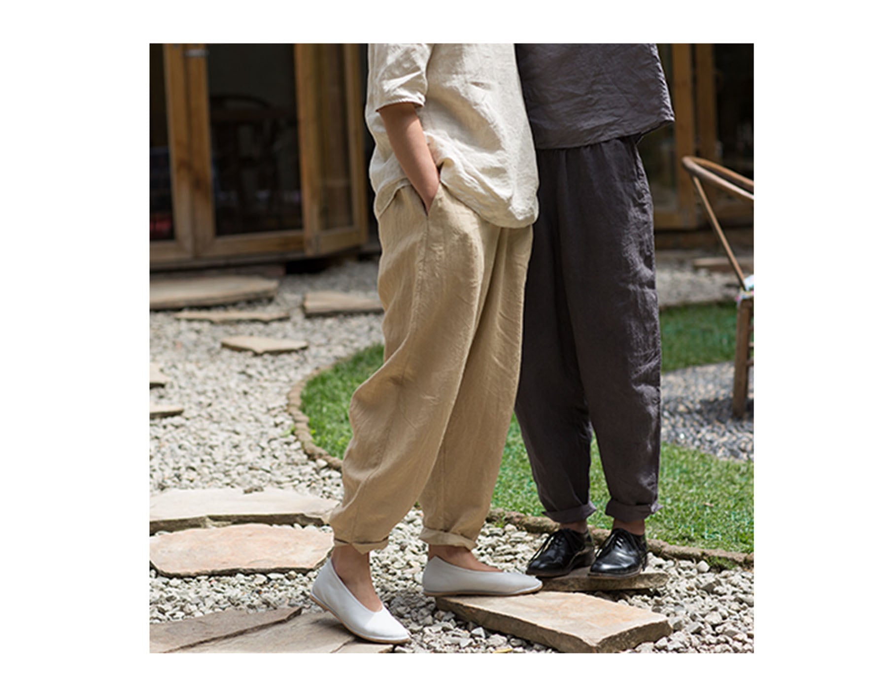 edoa Boyfriend Style French Linen Tapered Pants