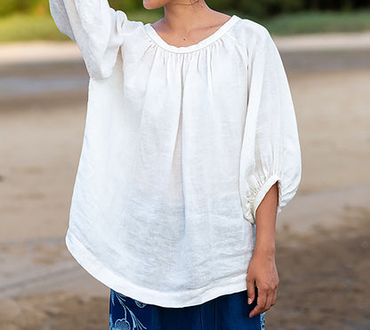 edoa Loose Fitting Linen Lantern Sleeves Gather Blouse