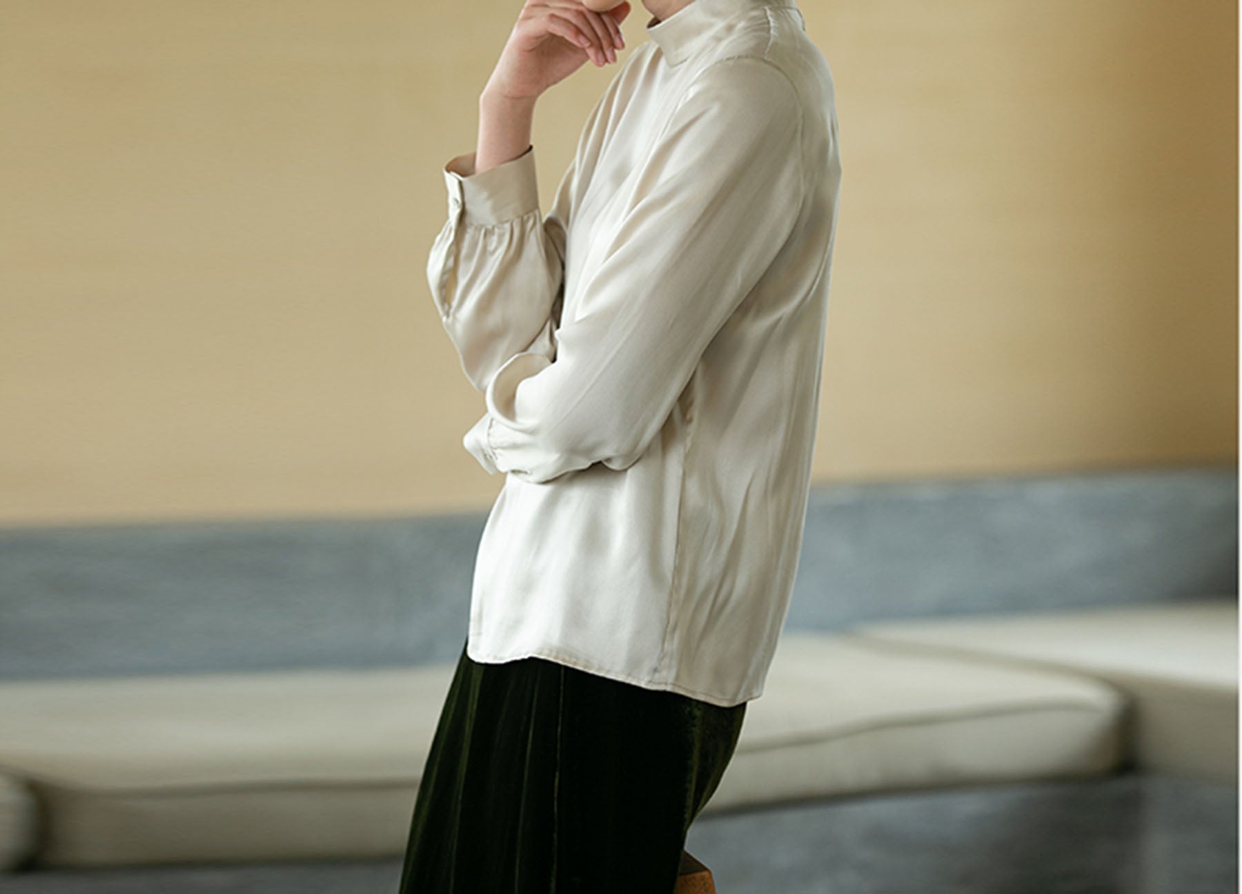 edoa Silk Satin High Collar Blouse