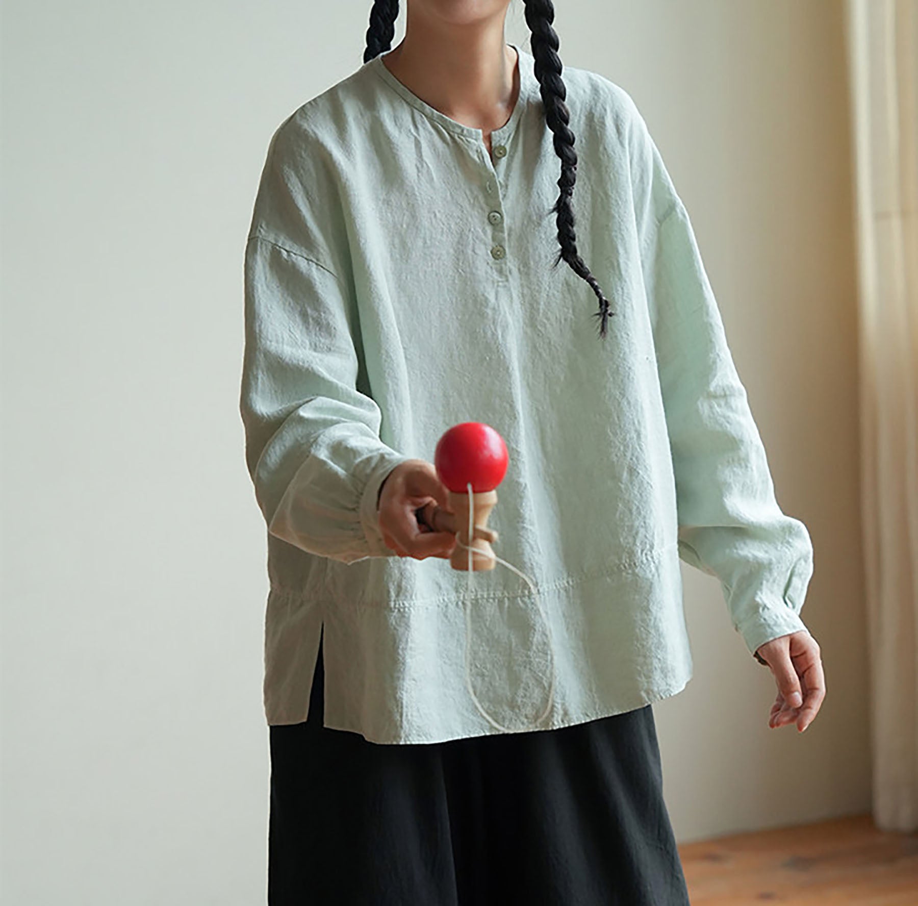 edoa Mint Green Linen Long Sleeve Artist Pullover Shirt