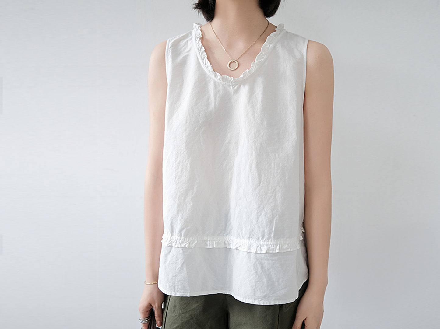 edoa Linen A-line Ruffle Tank Top