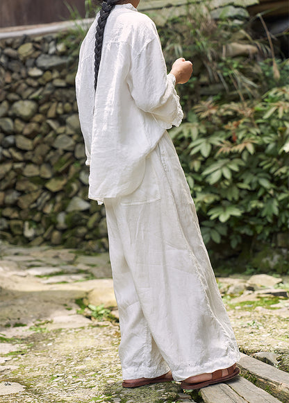 edoa White Linen Wide-leg Pants