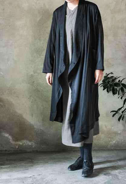 edoa Black Stone Washed Silk Charmeuse Shawl Collar Coat