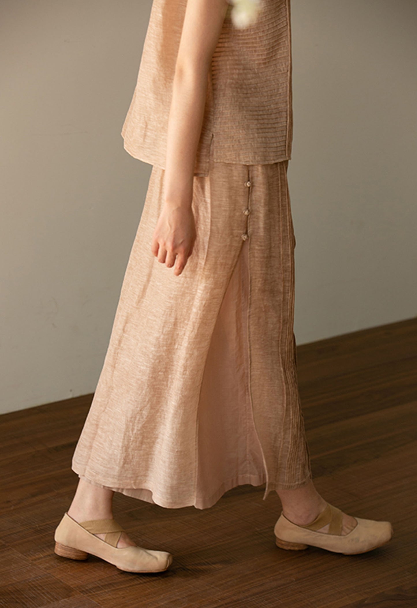 edoa Hand-pintucked Distressed Linen Rayon Blend Pen Skirt 