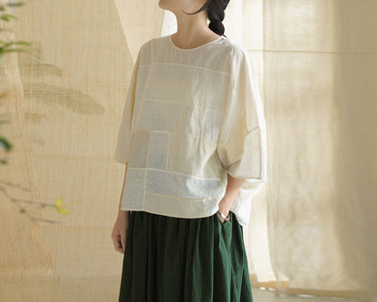 edoa Linen and Tussah Silk Patchwork Blouse