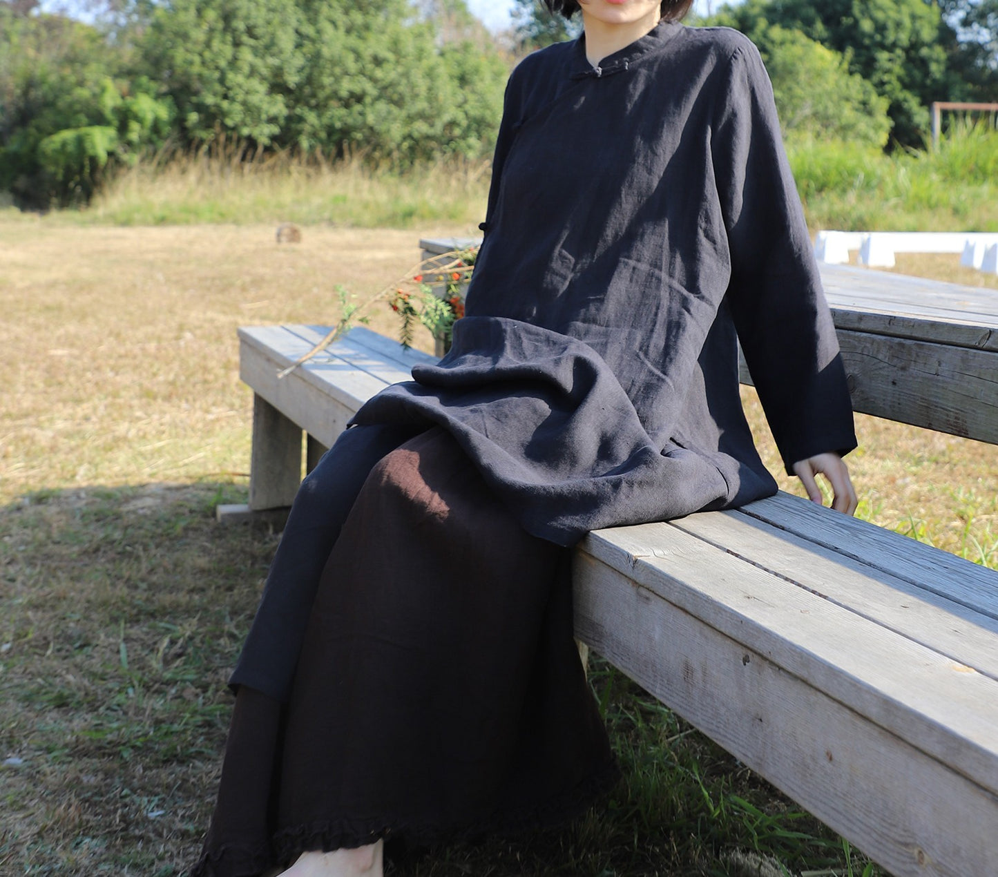 edoa Loose Black Linen Wrap Qipao Dress