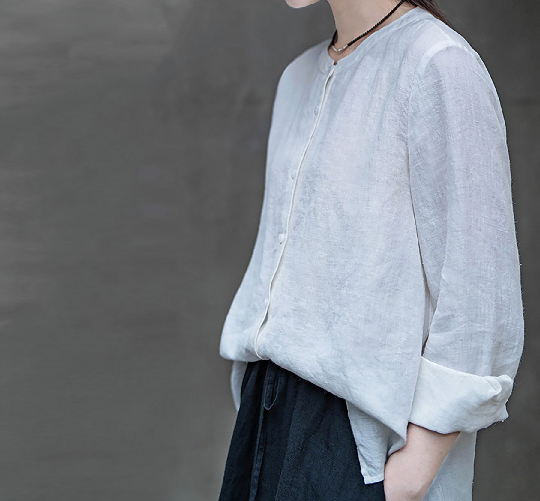 edoa White Linen Button Down Chinese Blouse