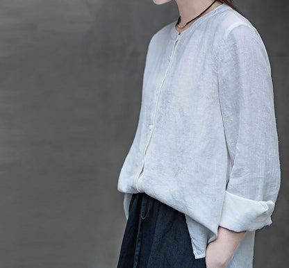 edoa White Linen Button Down Chinese Blouse