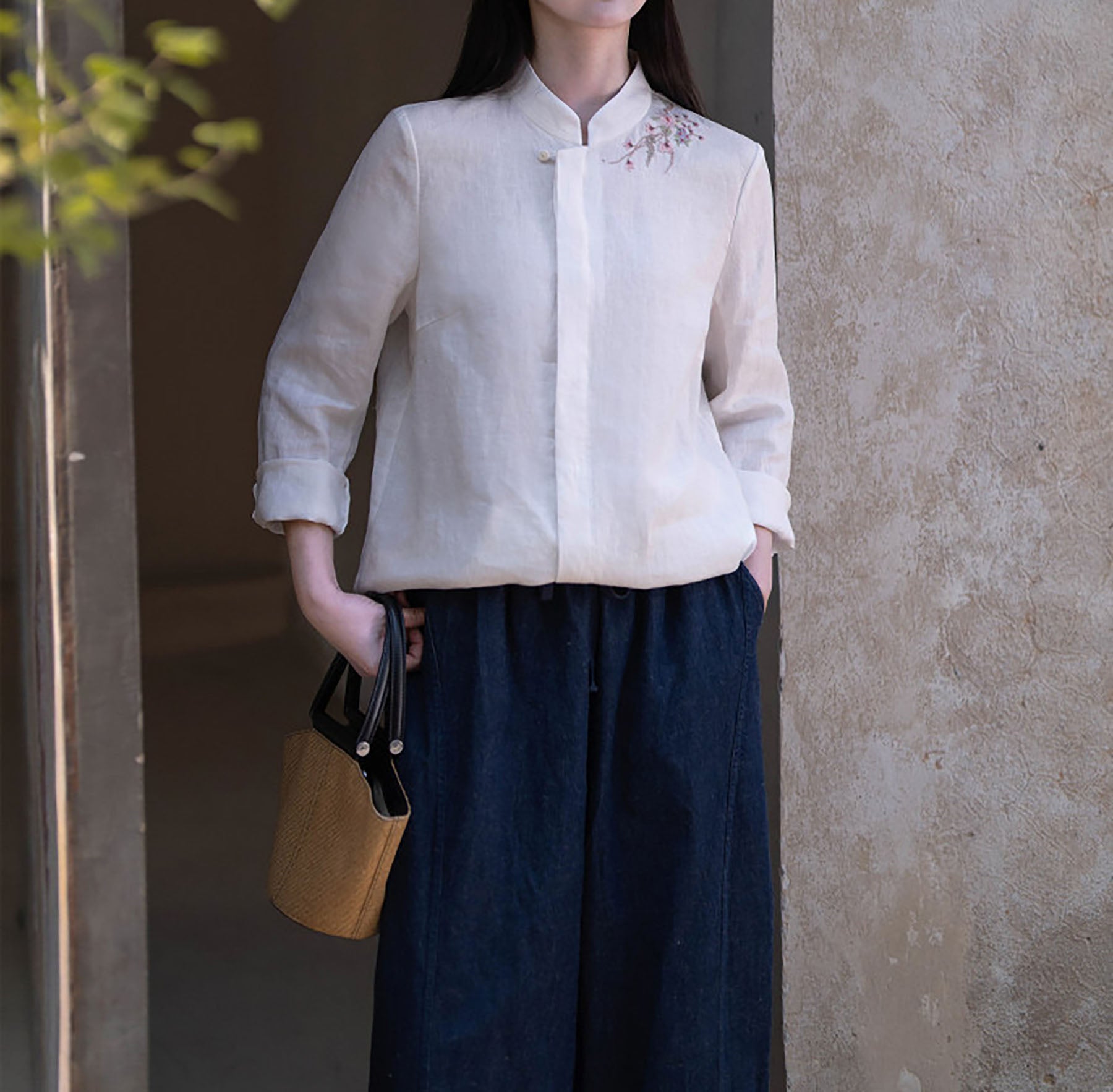 edoa White Linen Chinese Blouse with Hand Embroidery