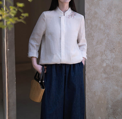 edoa White Linen Chinese Blouse with Hand Embroidery
