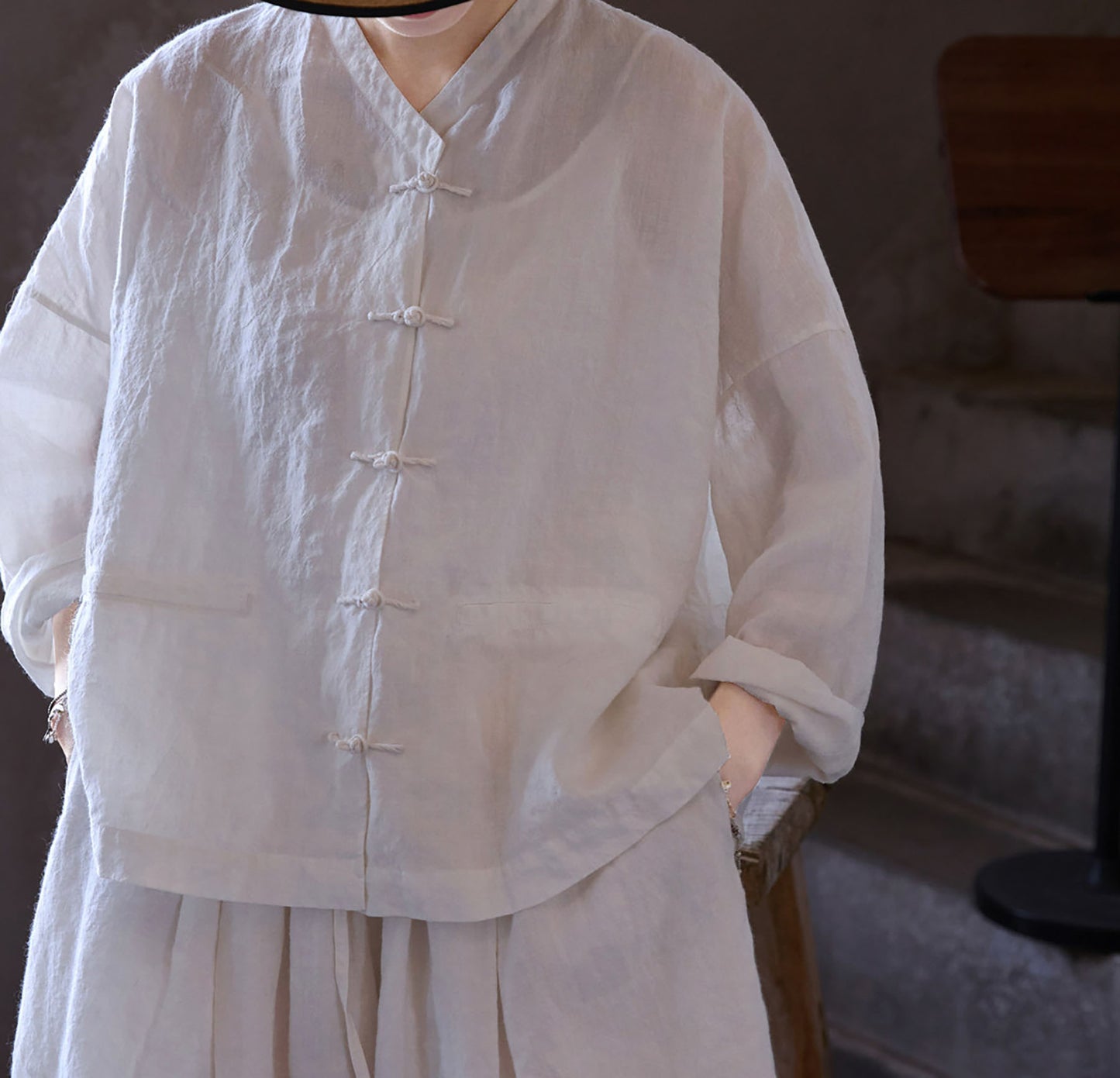 edoa Oversized Summer Oriental White Washed Ramie Chinese V-neck Button-up Shirt