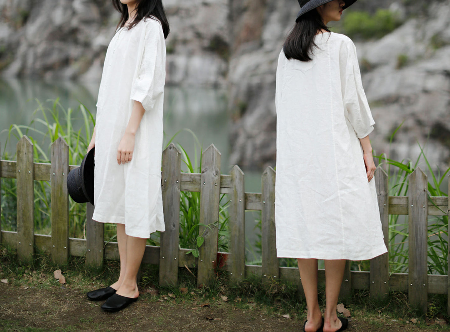 edoa 3/4 sleeves A-line Linen Tunic