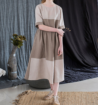 edoa Nordic Forest Series Linen Earth Tone Patchwork Half-Sleeve Dress