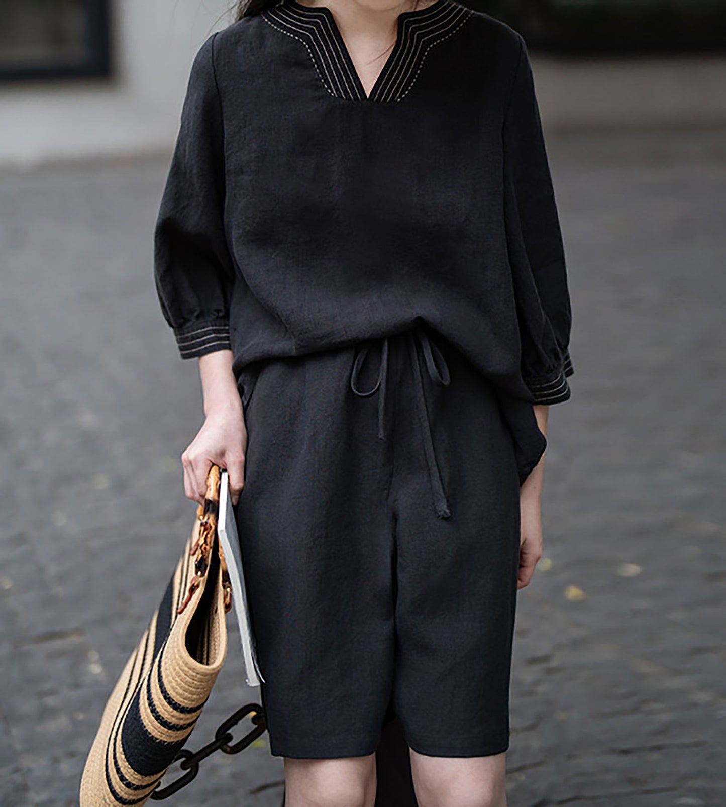 Loose Fitting Black Linen Shorts sr0004 Q713
