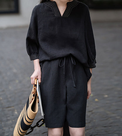 Loose Fitting Black Linen Shorts sr0004 Q713