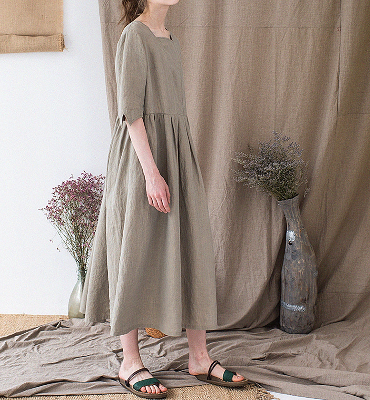 edoa Yarn dyed French Linen Square Neck Half Sleeve Dress
