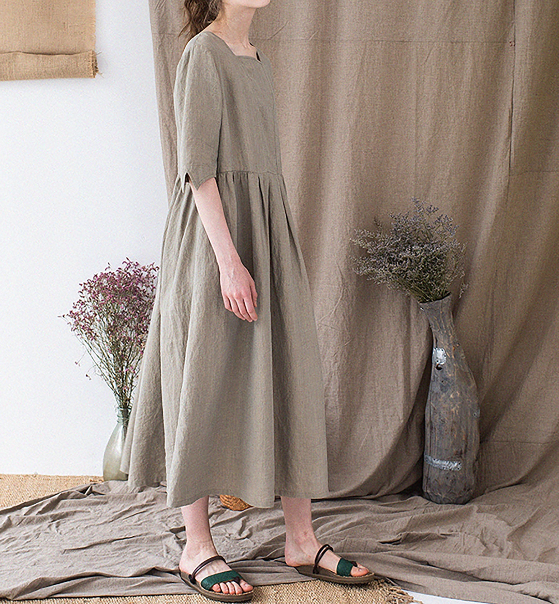 edoa Yarn dyed French Linen Square Neck Half Sleeve Dress