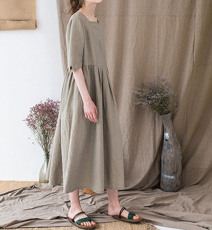 edoa Yarn dyed French Linen Square Neck Half Sleeve Dress