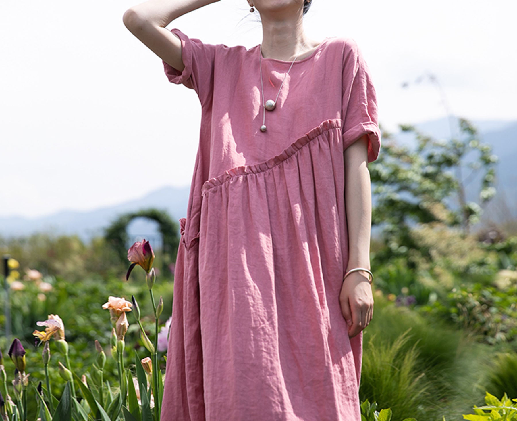 edoa High Waist Gathering Linen Maxi Dress