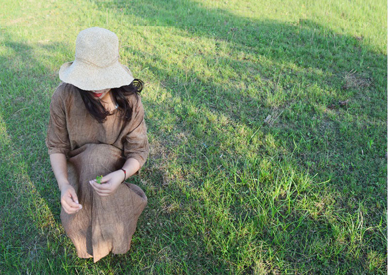 edoa Yarn dyed Linen Dress with Hand Embroidery 