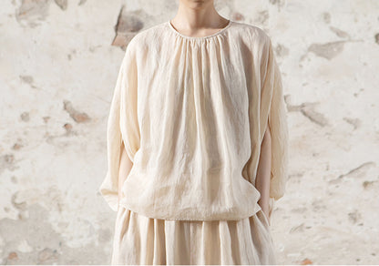 edoa High Counted Ramie Gathering Greek Blouse