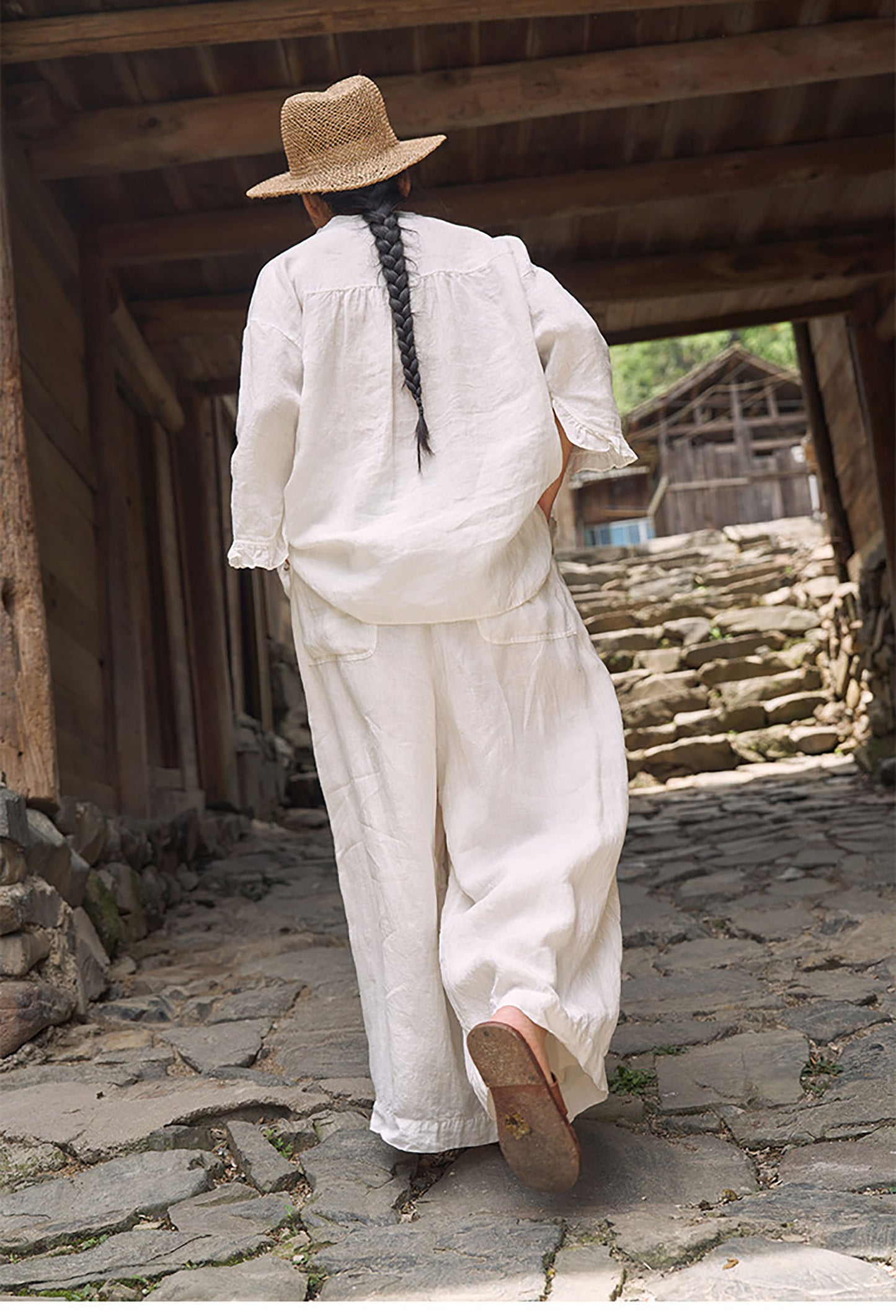 edoa White Linen Ruffled Pullover Shirt