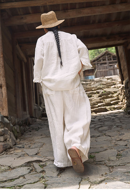 edoa White Linen Ruffled Pullover Shirt