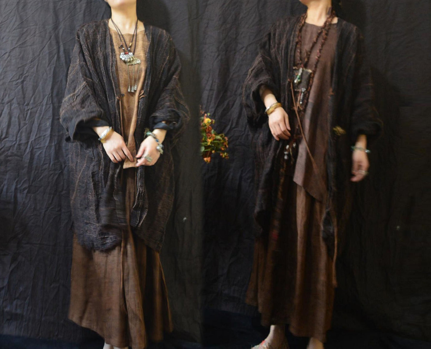 edoa Loose Fitting Persimmon Dyed Hand Woven Linen Cardigan Coat 
