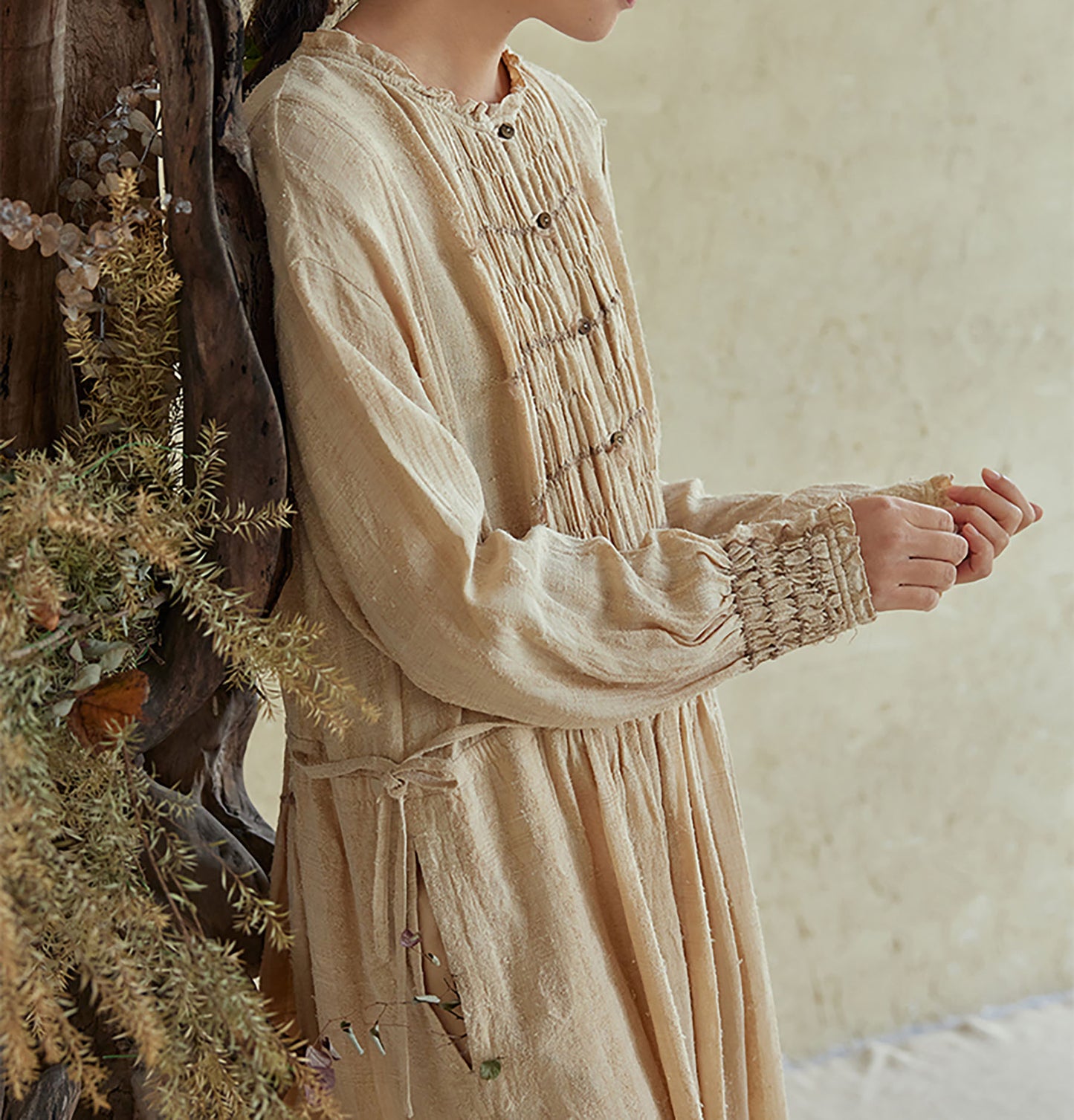 edoa Natural Raw TussaH Silk Smocking Shirt Dress