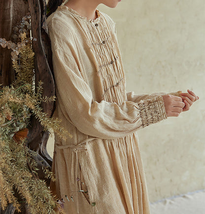 edoa Natural Raw TussaH Silk Smocking Shirt Dress