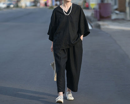edoa Loose Heavy Weight Washed Linen Wide-leg Pants