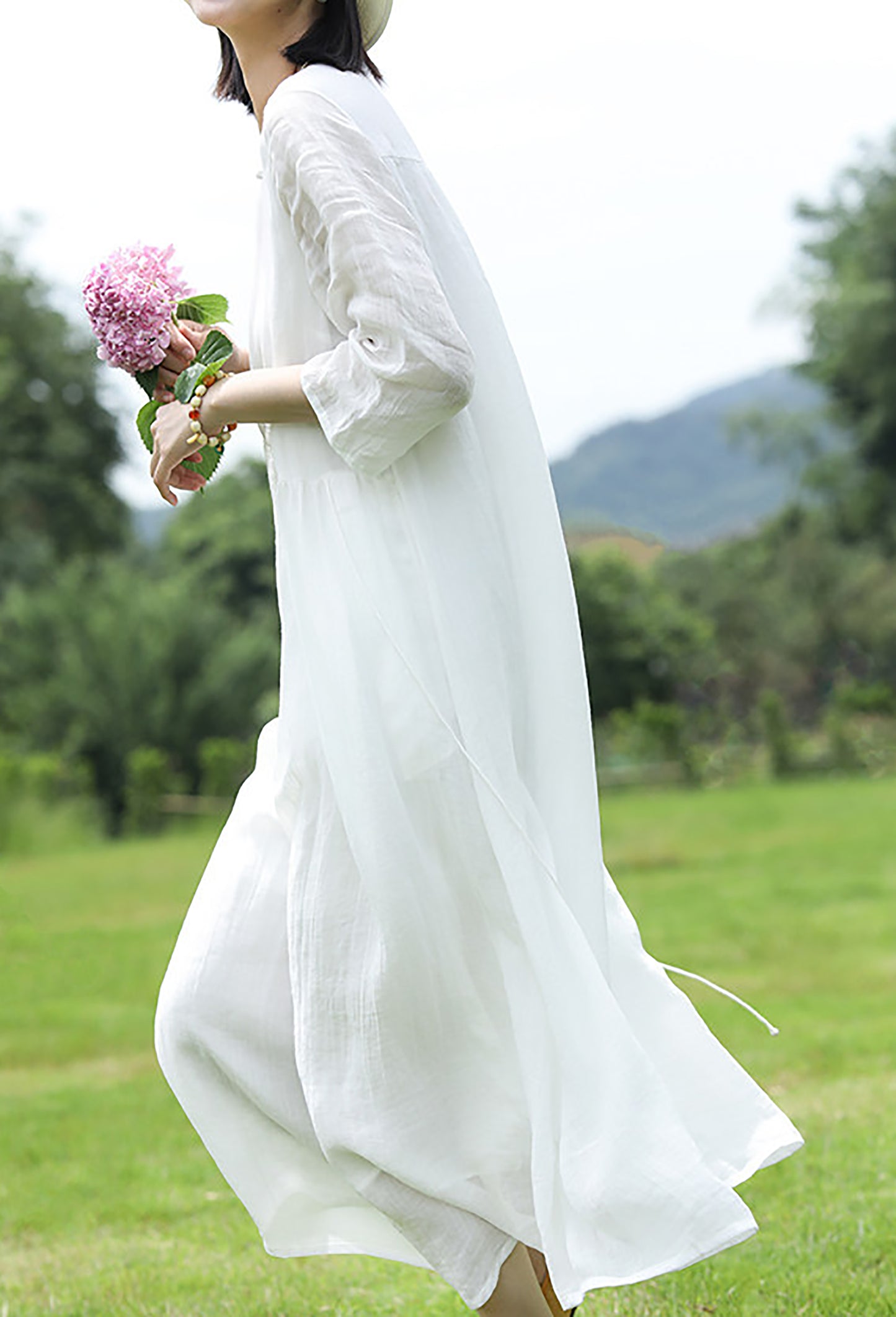 edoa High Counted Ramie Gathered Midi Dress 