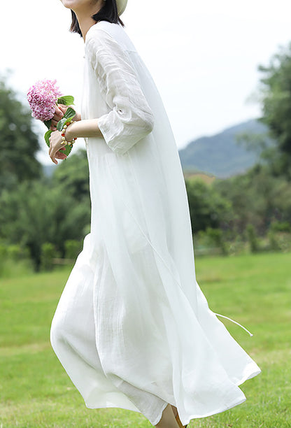 edoa High Counted Ramie Gathered Midi Dress 
