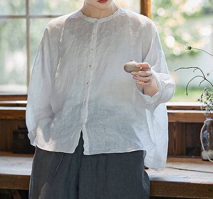 edoa Free Size Loose White Linen Petal Blouse 