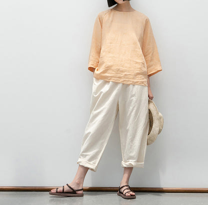 edoa  Loose Fit Yarn Dyed Linen Chinese T-shirt