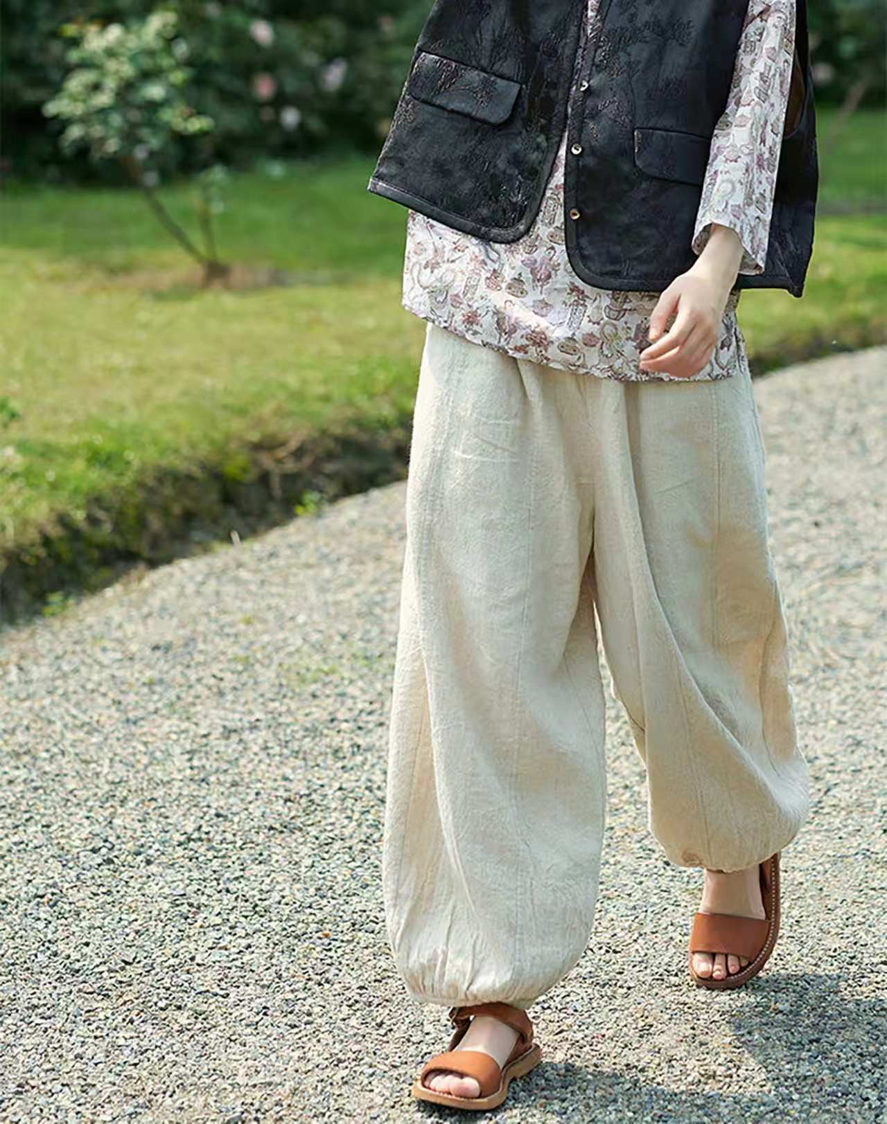 edoa Flax Linen Elasticated Waist Lantern Pants