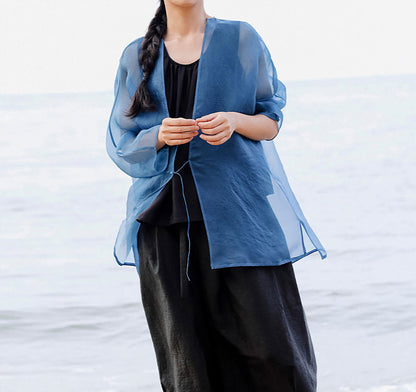 edoa Indigo Blue Mulberry Silk Organza Jacket 