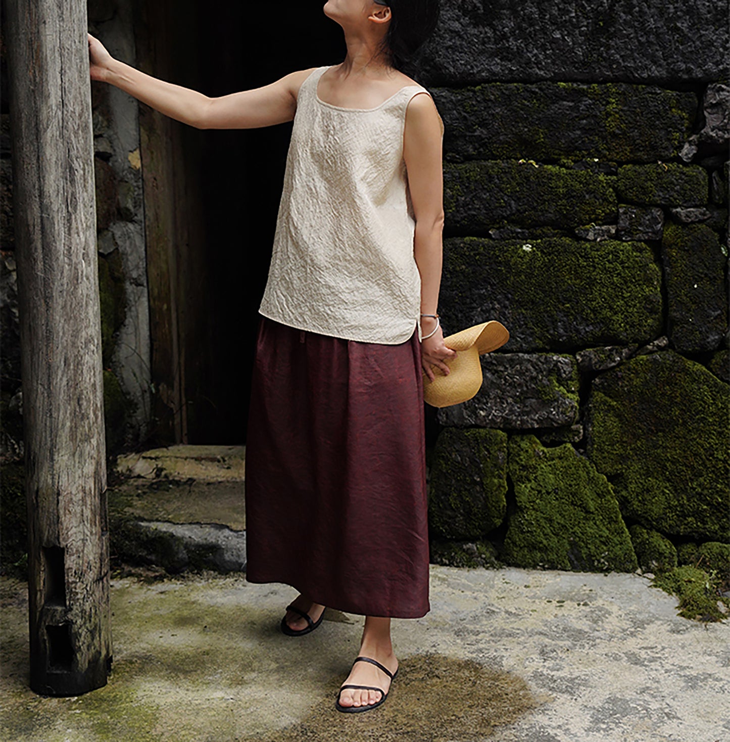 edoa Rusty Red Cracked Mud Silk Midi Skirt