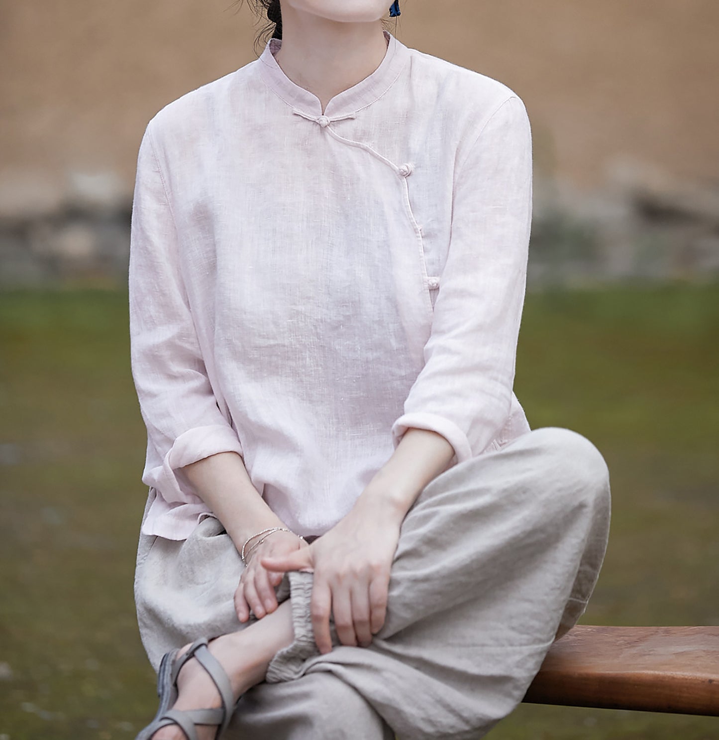 edoa Pink Linen Chinese Qipao Blouse