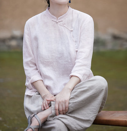edoa Pink Linen Chinese Qipao Blouse