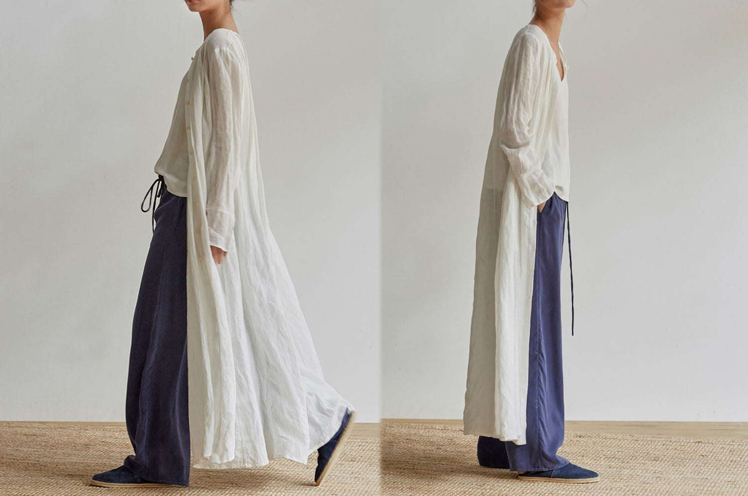 edoa Pleated French Linen 2 Way Maxi Coat Dress