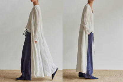 edoa Pleated French Linen 2 Way Maxi Coat Dress