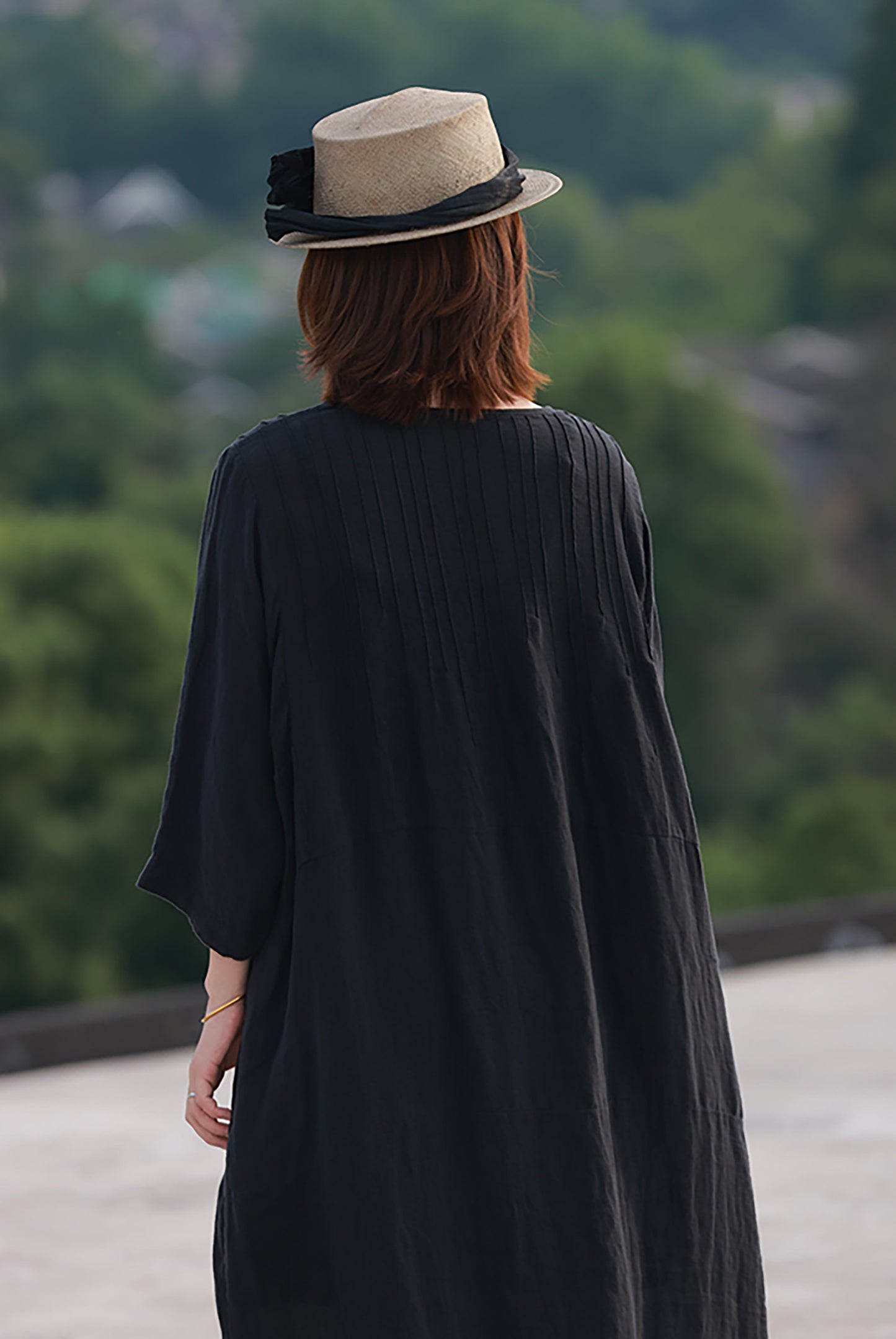 edoa Oversized Hand Pintucked Linen Ankle-length Dress