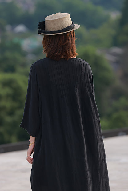 edoa Oversized Hand Pintucked Linen Ankle-length Dress