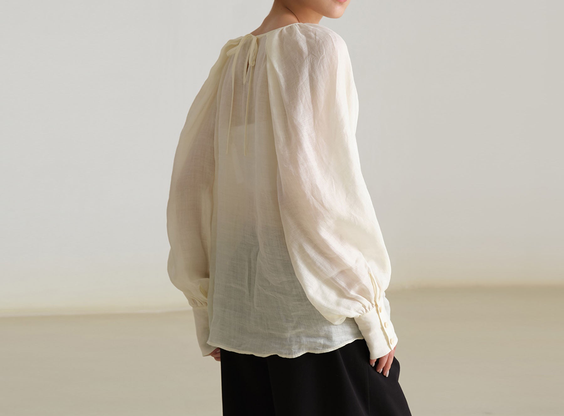 edoa Ramie Pleated Long Lantern Sleeve Blouse